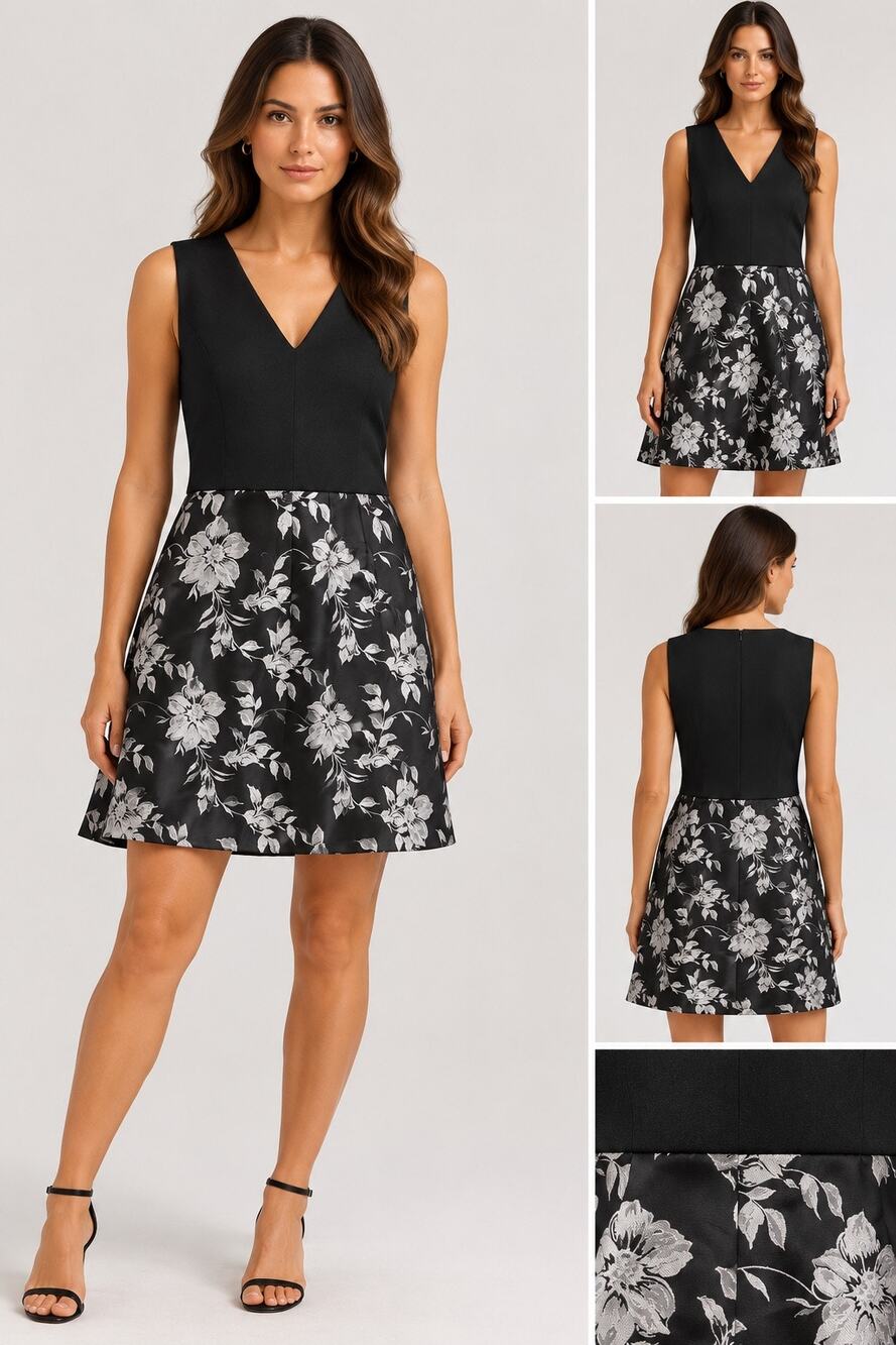 Hutch Anthropologie Black Silver Floral Jacquard Fit Flare Dress Size L V Neck